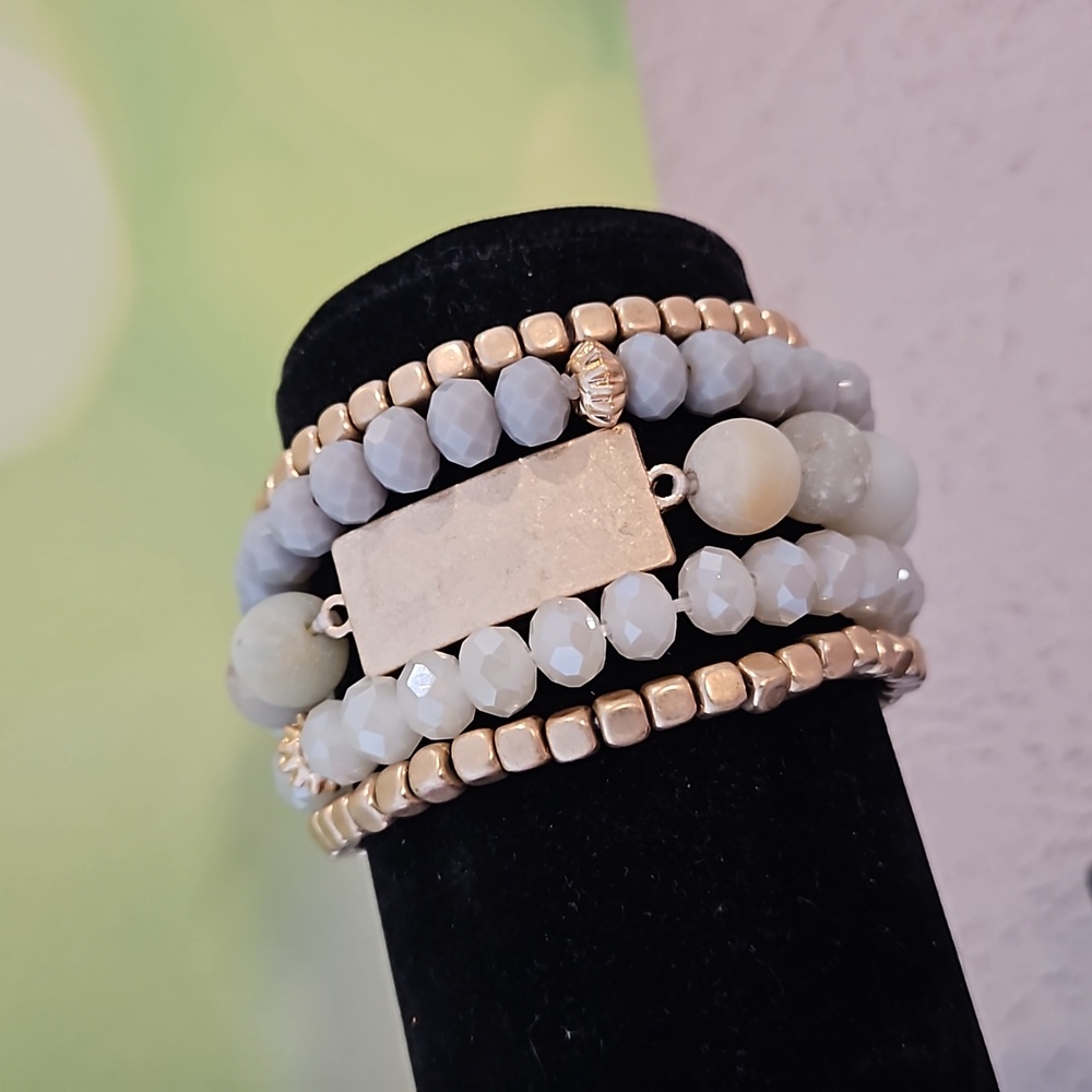 5 pieces beaded crystal gemstone goldtone stretchy bracelets pale gray green